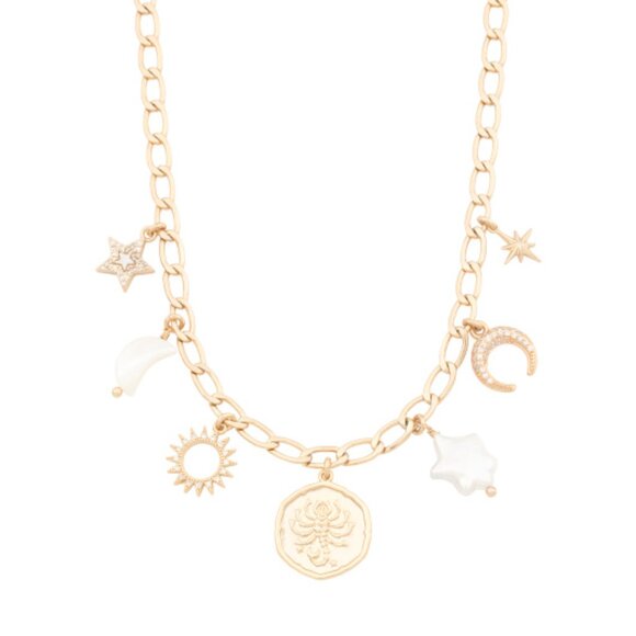 NWT LUNA NORTE Scorpio Gold-Tone Astrological Freshwater Pearl Charm Necklace - Picture 1 of 3